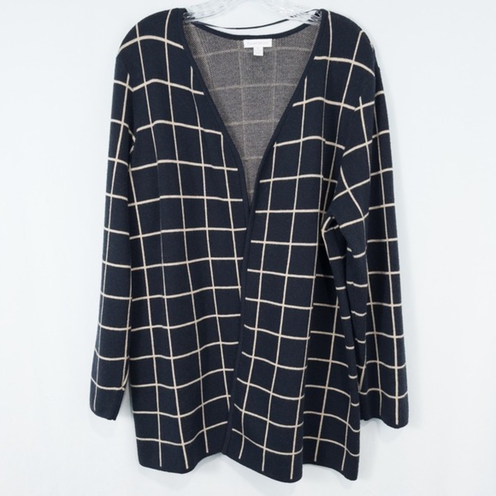 Charter Club Windowpane Plaid Open‎ Cardigan Academia Preppy Old Money XL Navy
